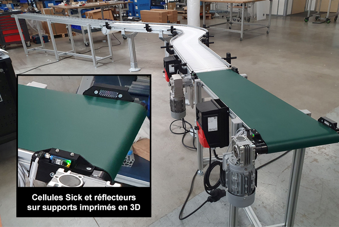 Convoyeur combinant : bande lisse + chaine plastique (VF Plus) + rouleaux gravitaires